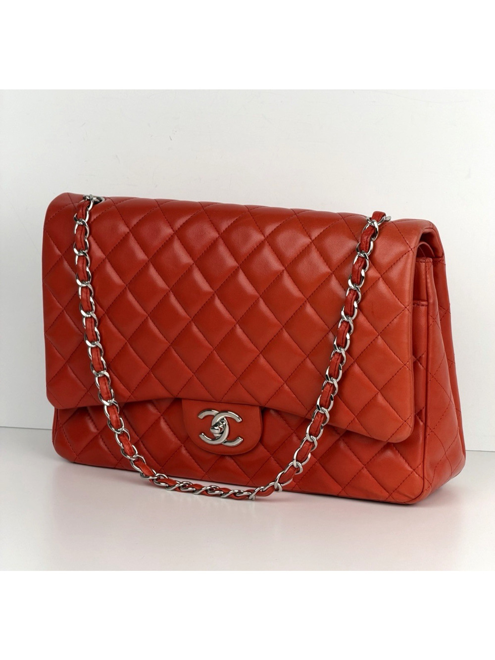 Chanel Classic Double Flap Maxi Bag in Orange Red Quilted Leather 2011 C8